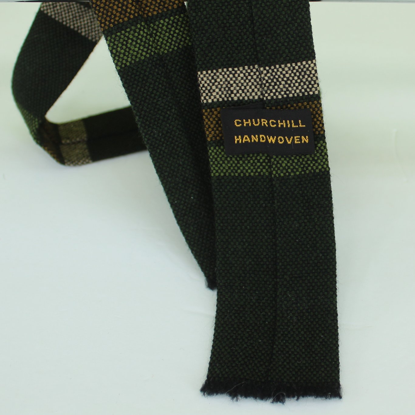 Churchill Weavers Skinny Wool Necktie Hand Woven Square End Greens Tan 52" X 2" MCM closeup hand weaving