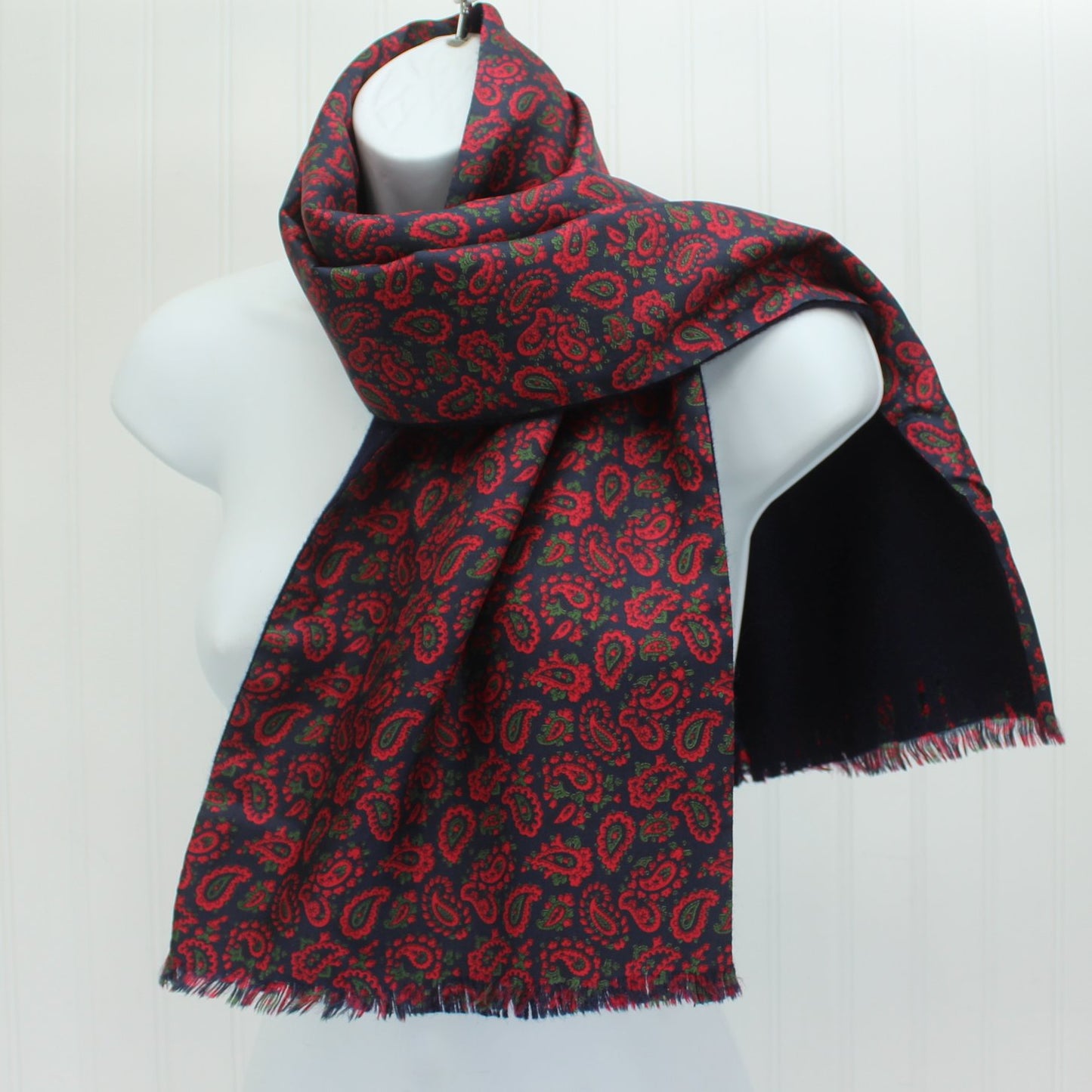 Elegant Paisley Silk Scarf Zephyr Navy Blue Wool Lined 48" X 10 3/4" Vtg USA