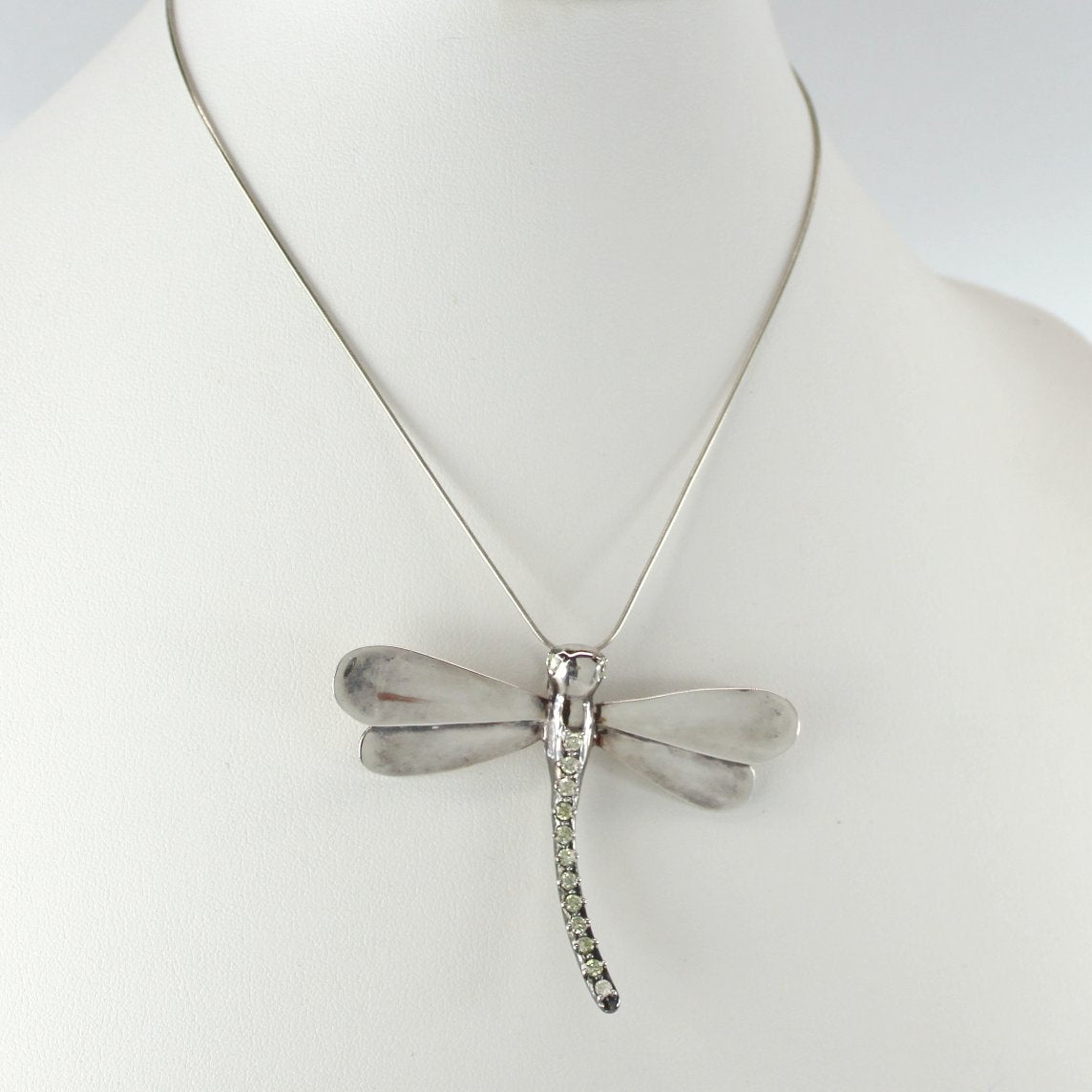 Fine Silver 999 Dragonfly Pendant Necklace 15.7 Grams Rhinestone Body Eyes Highly Detailed Marked