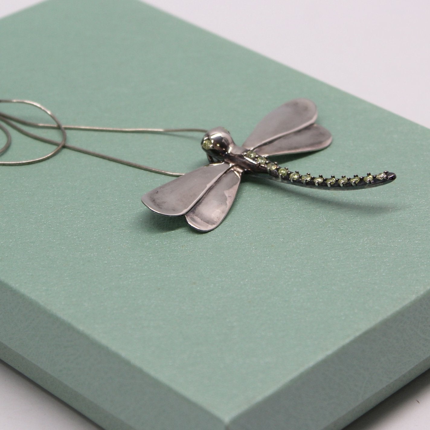 Fine Silver 999 Dragonfly Pendant Necklace 15.7 Grams Rhinestone Body Eyes Highly Detailed Marked in flight view