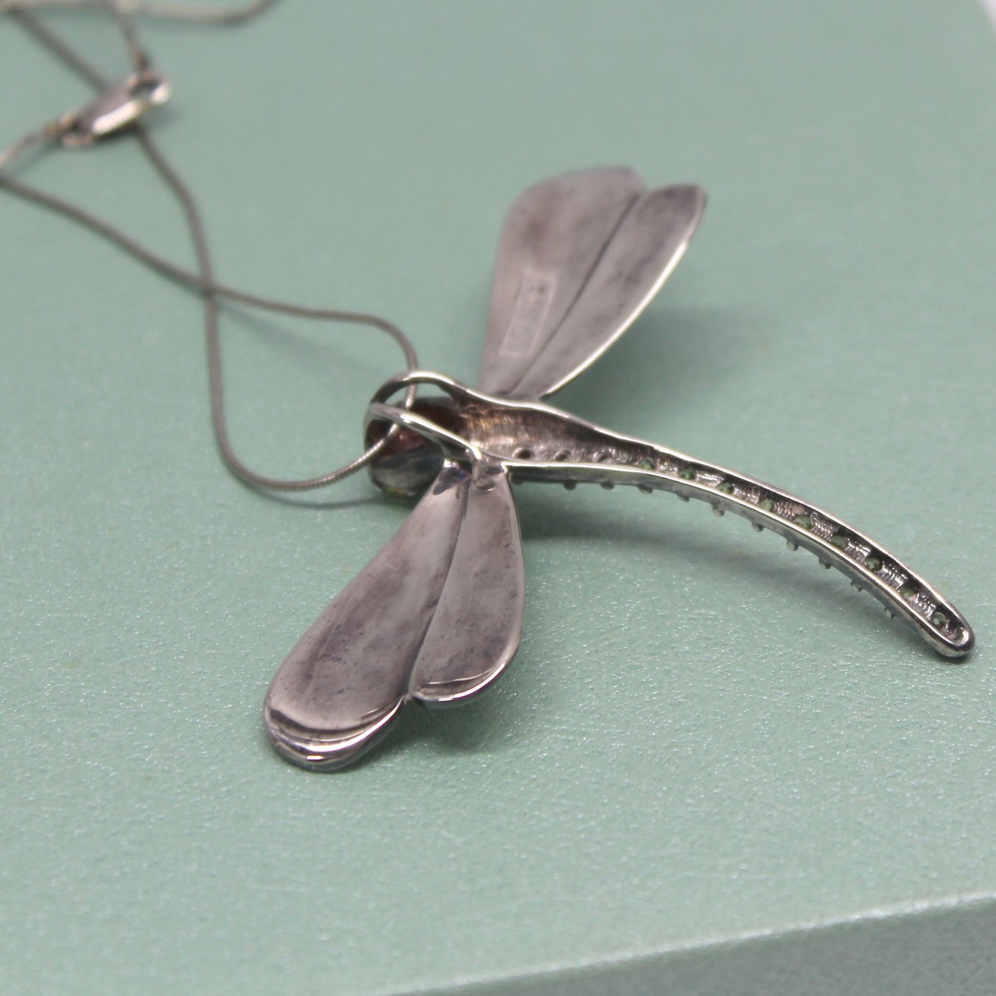 Fine Silver 999 Dragonfly Pendant Necklace 15.7 Grams Rhinestone Body Eyes Highly Detailed Marked reverse of pendnat