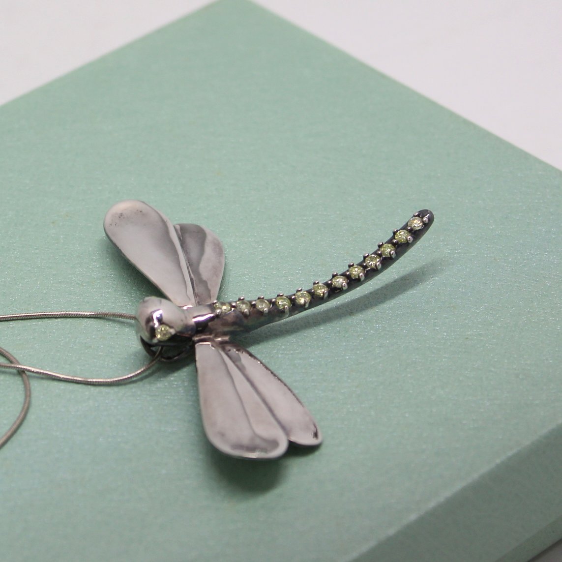 Fine Silver 999 Dragonfly Pendant Necklace 15.7 Grams Rhinestone Body Eyes Highly Detailed Marked curved body tail