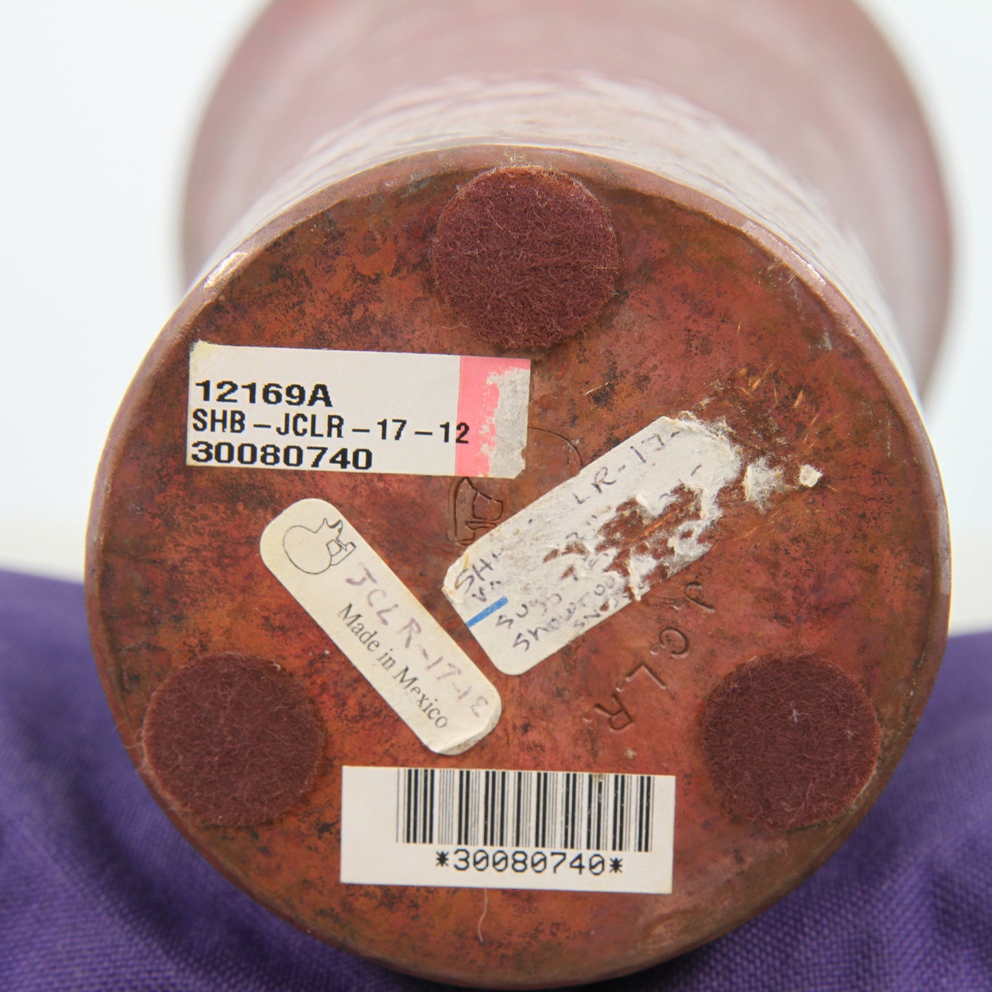 Santa Clara del Cobre signed JCLR hammered copper vase base label view1