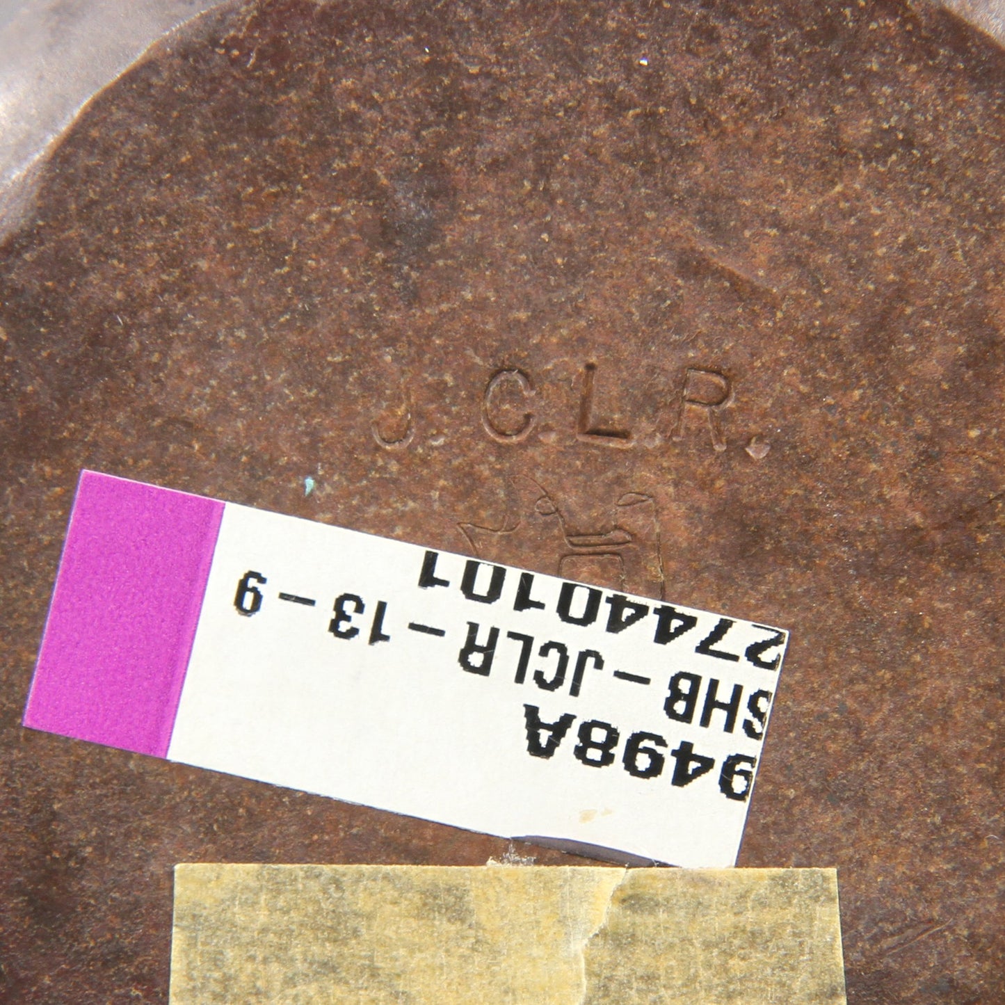 Santa Clara del Cobre signed JCLR hammered copper vase label view1