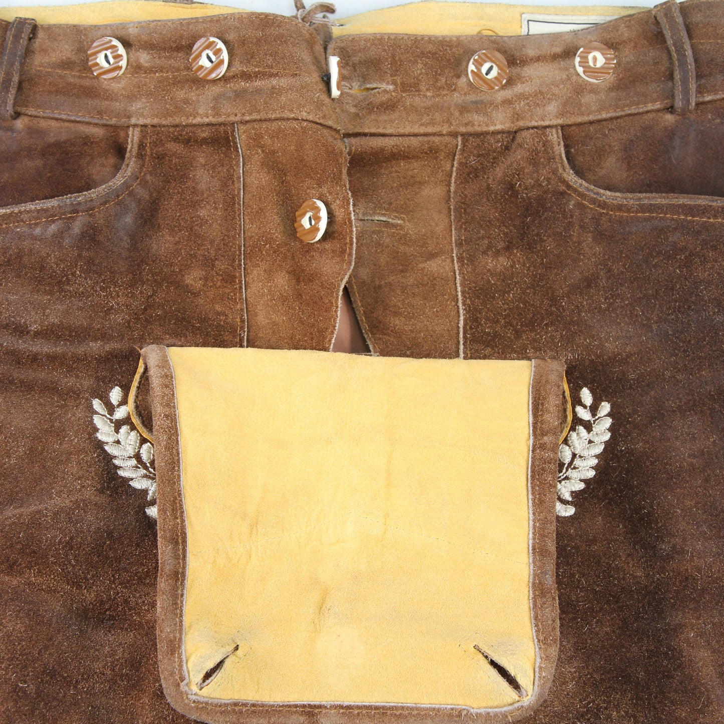 Bavarianland Brown Suede Leather Lederhosen 34" No Suspenders front flap down