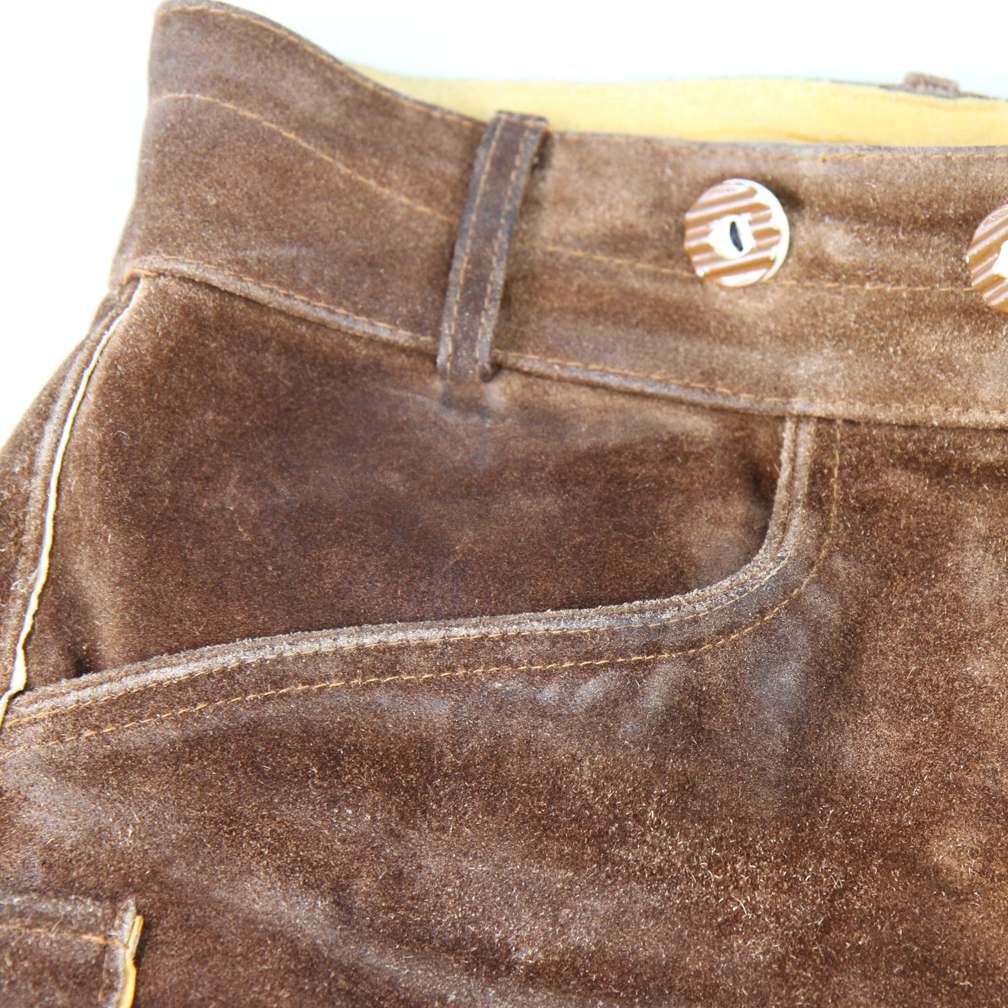 Bavarianland Brown Suede Leather Lederhosen 34" No Suspenders pocket detail