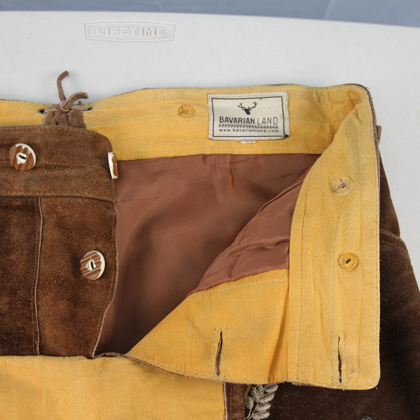 Bavarianland Brown Suede Leather Lederhosen 34" No Suspenders interior detail