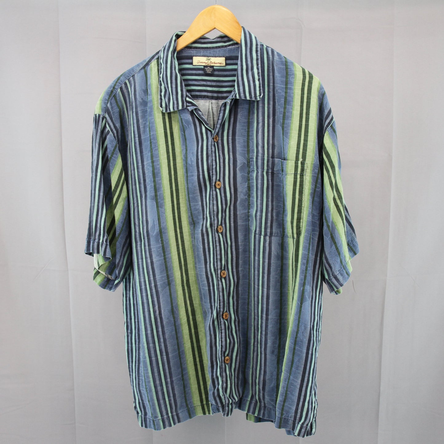 Tommy Bahama Blue Green Striped Hawaiian Shirt front