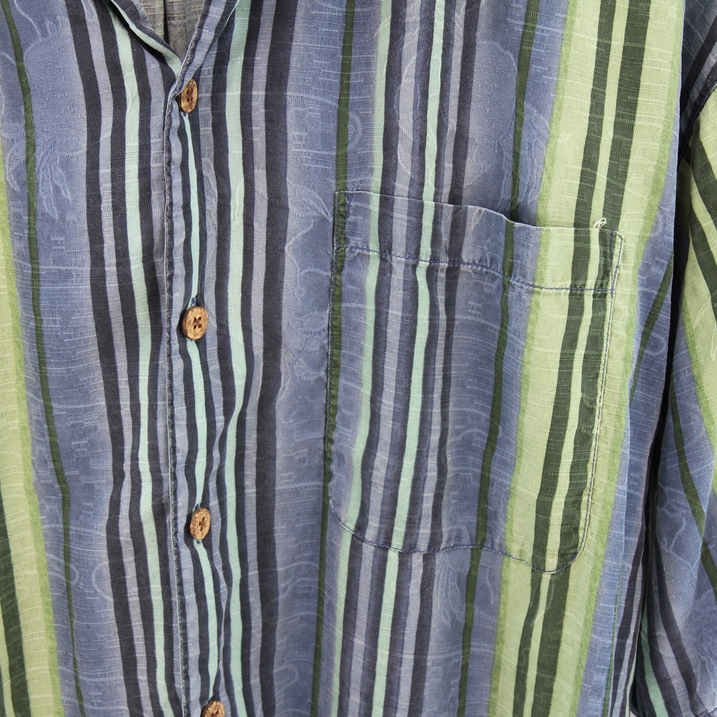 Tommy Bahama Blue Green Striped Hawaiian Shirt front pocket