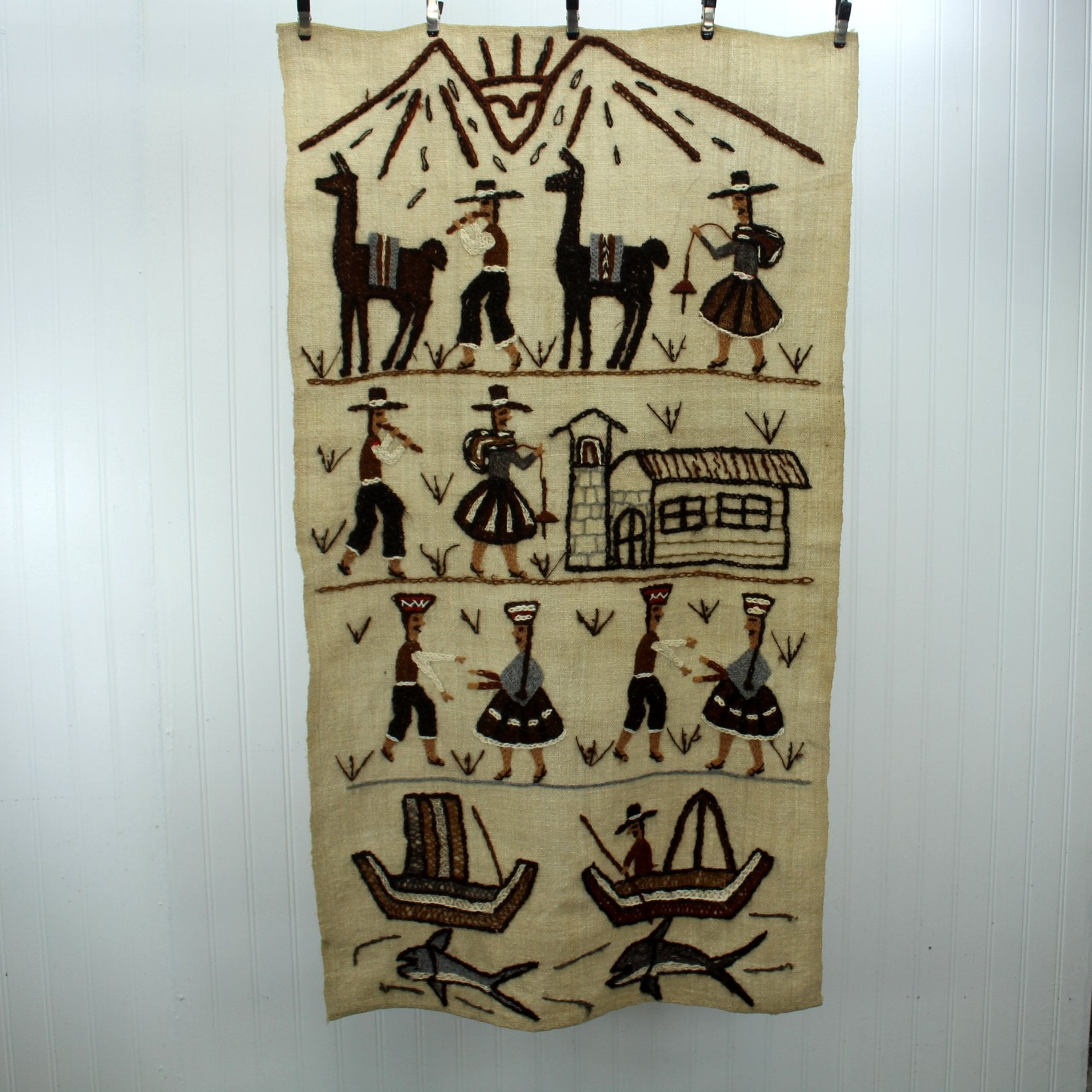 Peruvian Story Tapestry Hand Embroidered Wall Hanging Llamas