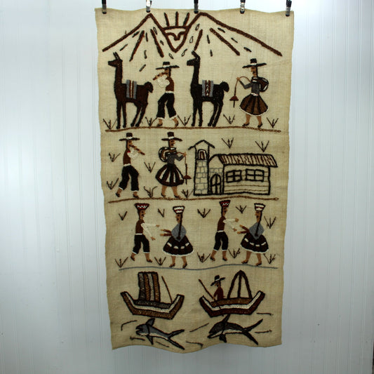 Peruvian Story Tapestry Hand Embroidered Wall Hanging Llamas Dancers Fisherman
