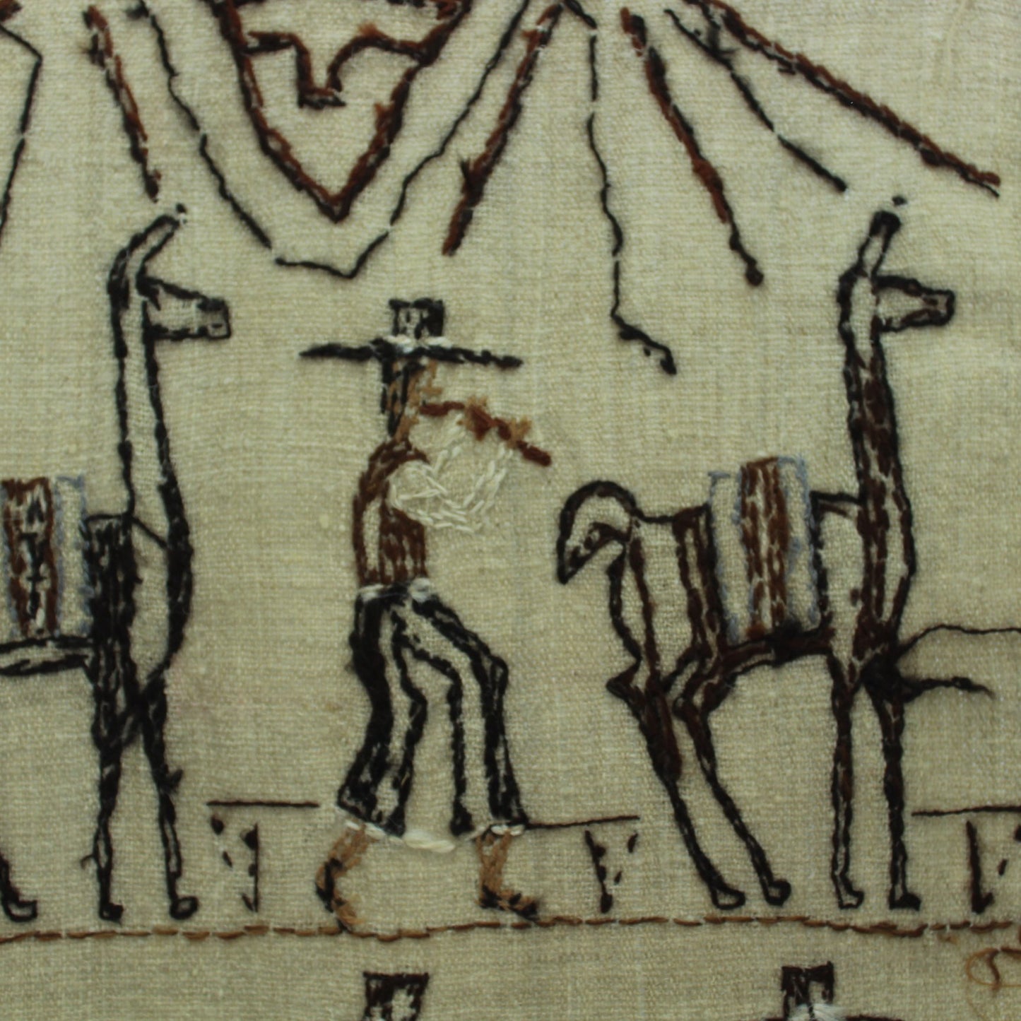 Peruvian Story Tapestry Hand Embroidered Wall Hanging Llamas Dancers Fisherman reverse of hanging stitching