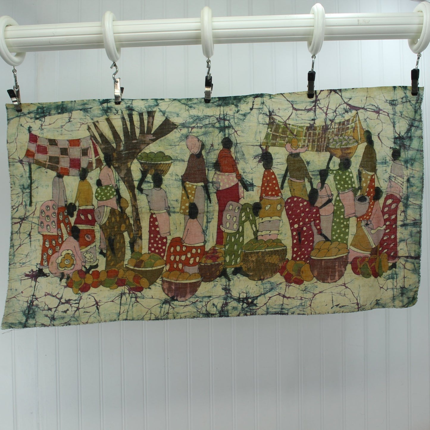 Vintage 1970s Wax Batik Wall Hanging Intricate Scene Women Mango Market Excellent reverse photo of work