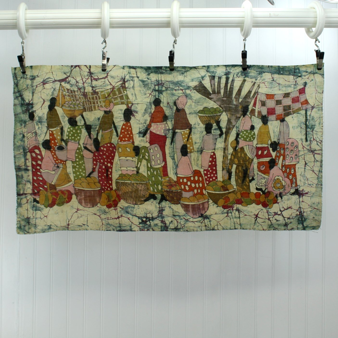 Vintage 1970s Wax Batik Wall Hanging Intricate Scene Women Mango Market Excellent