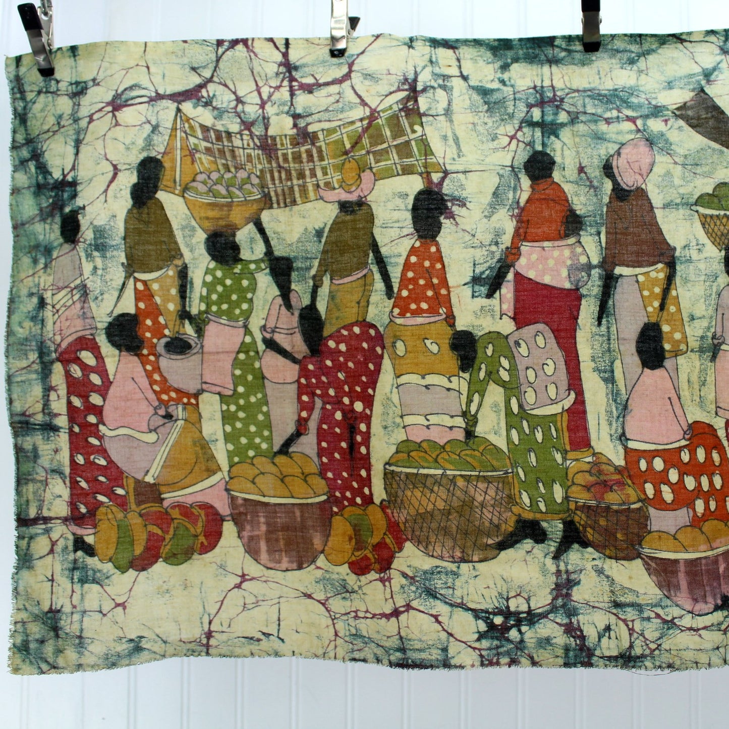 Vintage 1970s Wax Batik Wall Hanging Intricate Scene Women Mango Market Excellent partial closeup