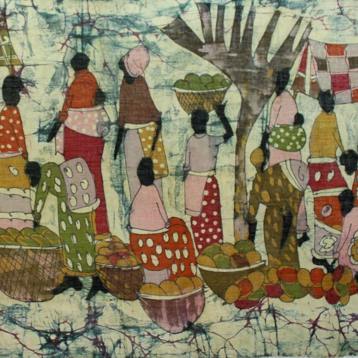Vintage 1970s Wax Batik Wall Hanging Intricate Scene Women Mango Market Excellent closeup scene