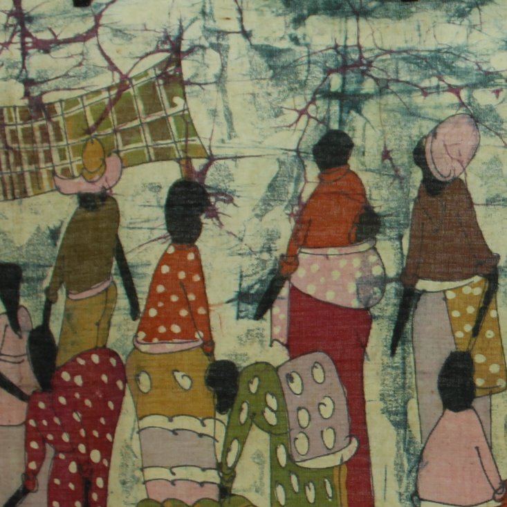 Vintage 1970s Wax Batik Wall Hanging Intricate Scene Women Mango Market Excellent addl closeup design