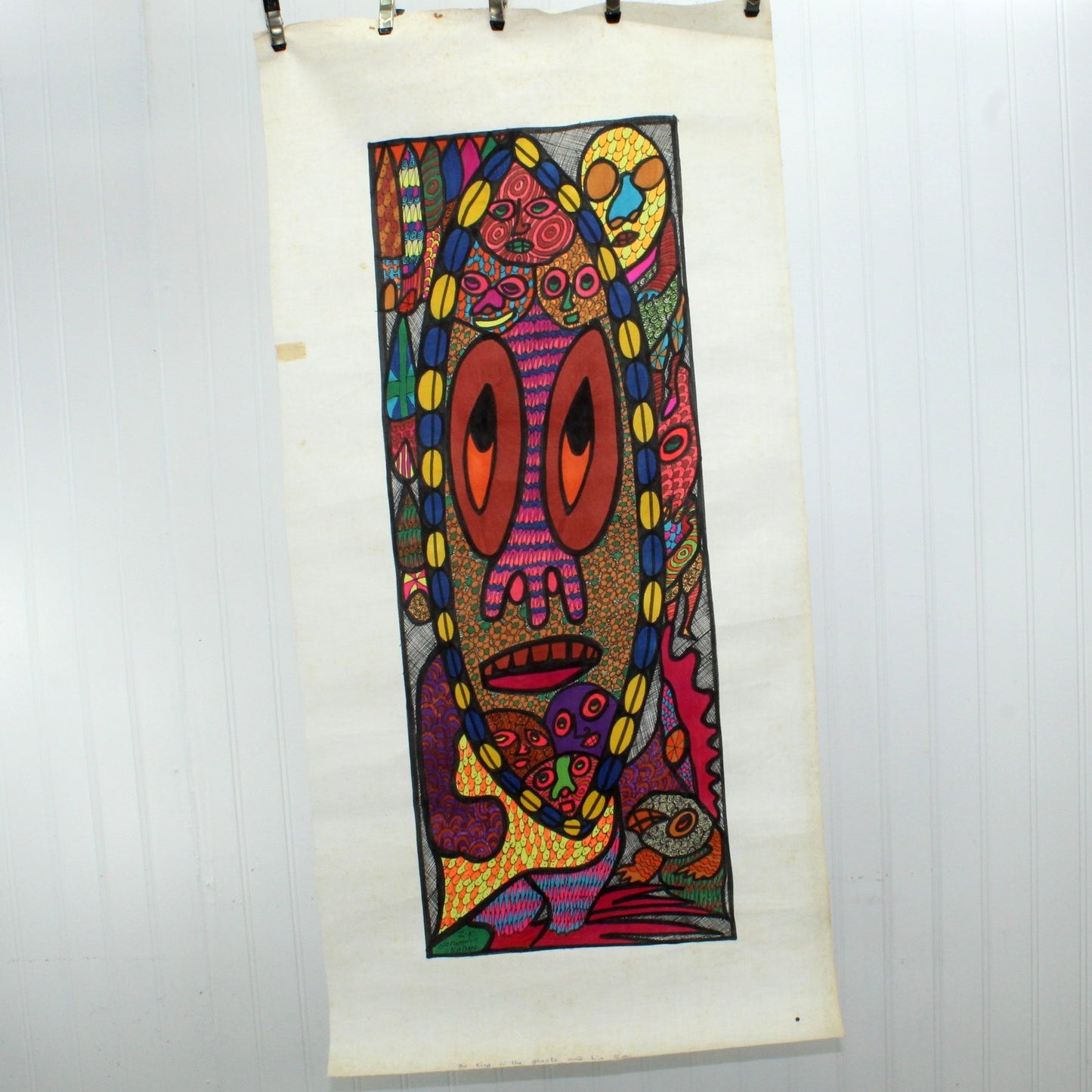 Chief Z K Oloruntoba Nigerian Painter Original Signed 1970s Vtg "King of Ghosts and Son"