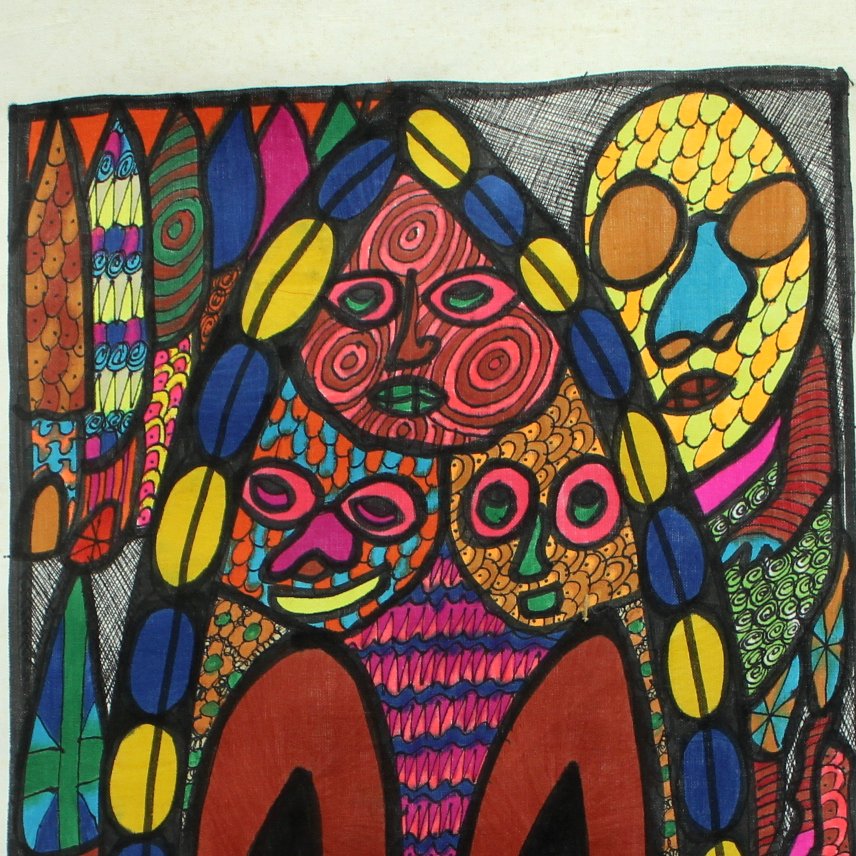 Chief Z K Oloruntoba Nigerian Painter Original Signed 1970s Vtg "King of Ghosts and Son" close top of work