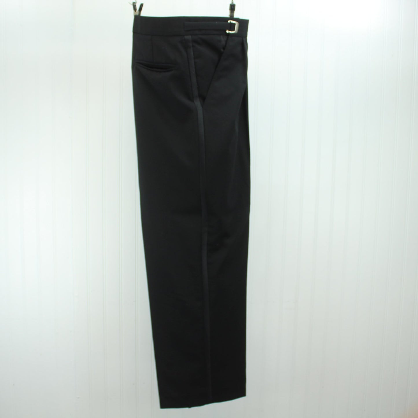 Perry Ellis Evening Suit Formal Men's Black Wool 3 Piece Satin Lapel Trim Print Vest 44R pants leg detail