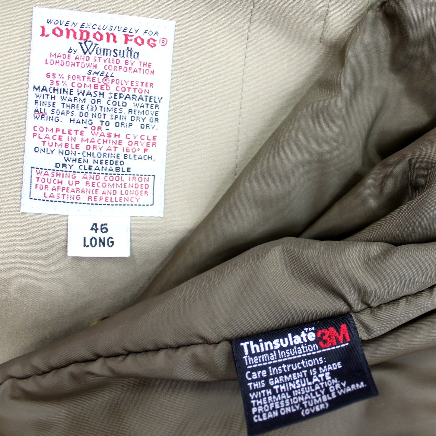 London Fog Trench Coat Men's 46L Dbl Breast Removable Thinsulate Lining tags fiber and care