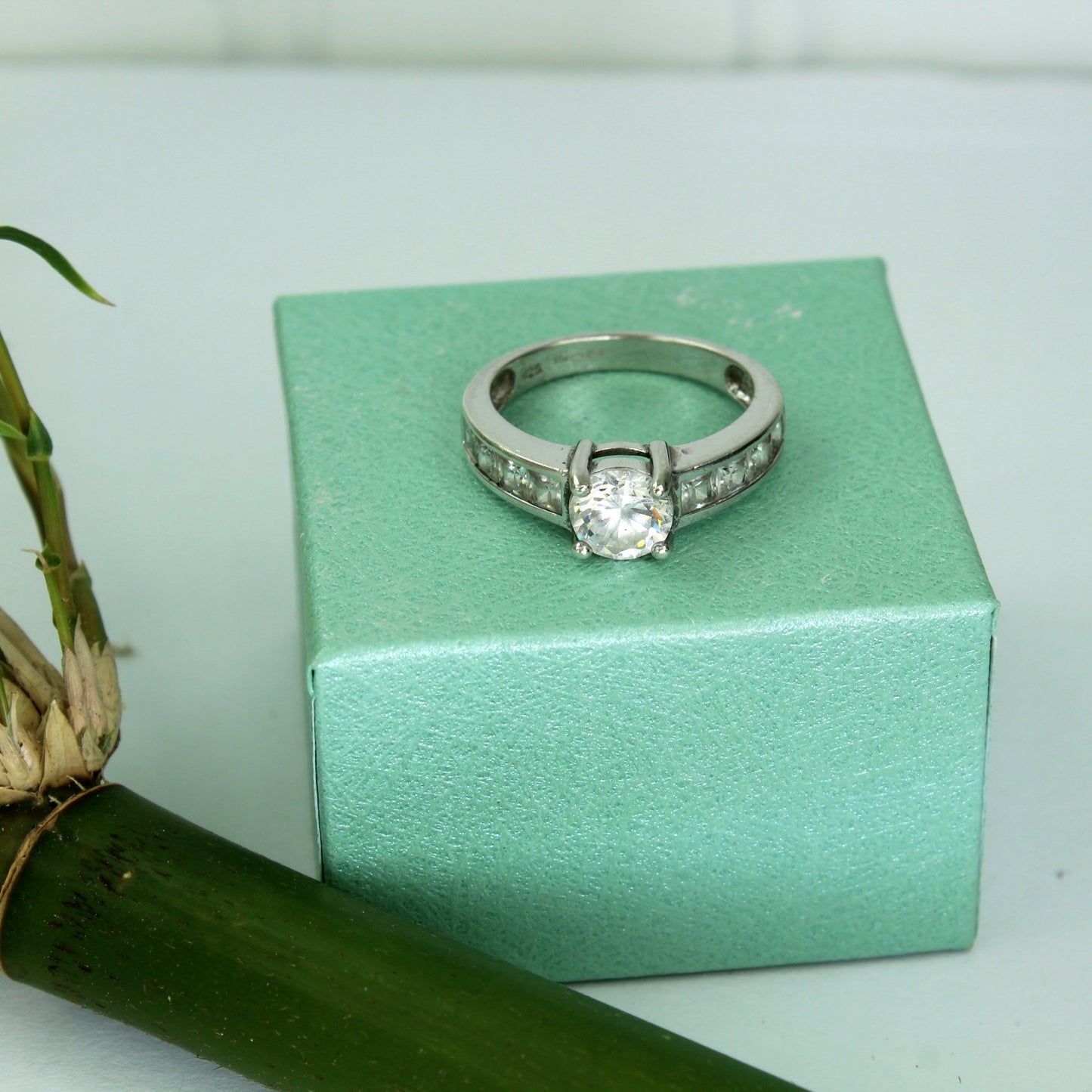 Sterling CZ Ring Prong Channel Set Signed BB 925 Estate Unusual Quality High Sparkle flat view