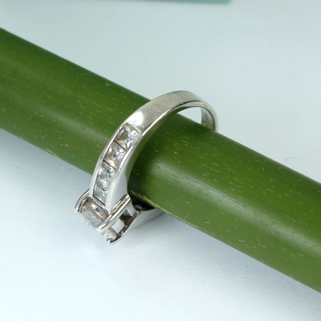Sterling CZ Ring Prong Channel Set Signed BB 925 Estate Unusual Quality High Sparkle side view of band and channel set stones