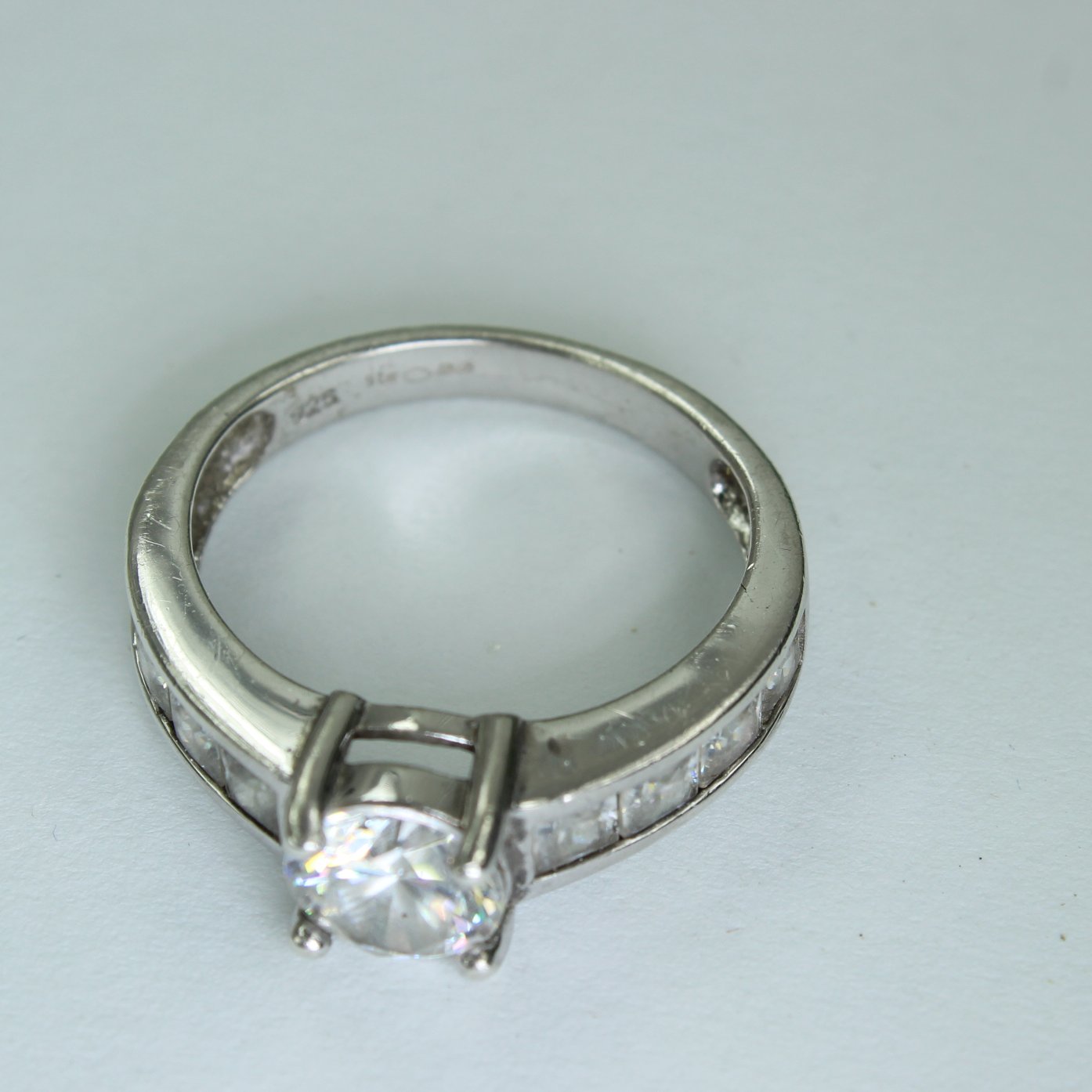 Sterling CZ Ring Prong Channel Set Signed BB 925 Estate Unusual Quality High Sparkle view of markings