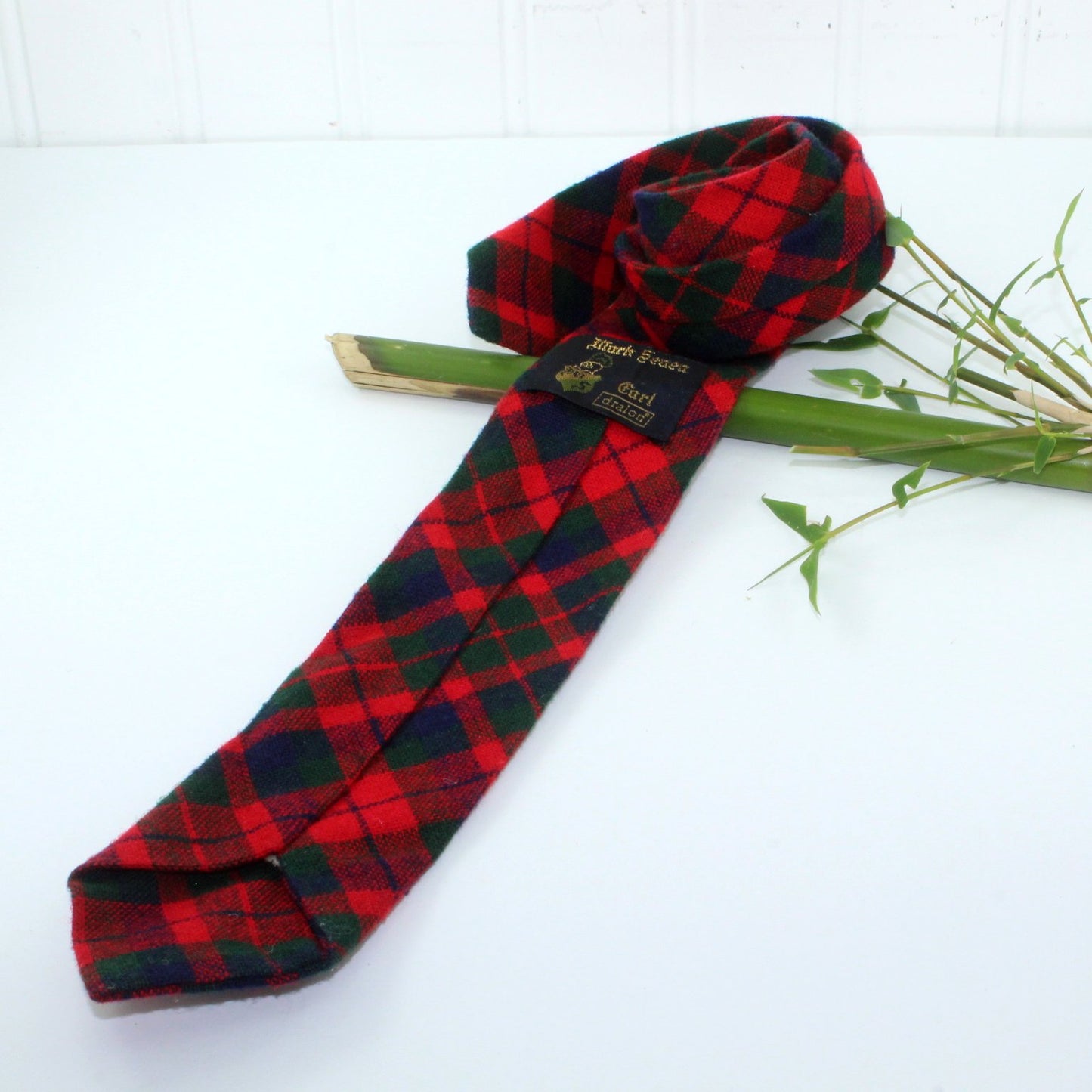 Mark Seven Dralon Skinny Necktie Red Navy Forest Green Plaid 52" X 2 1/4" 1950s 60s reverse view