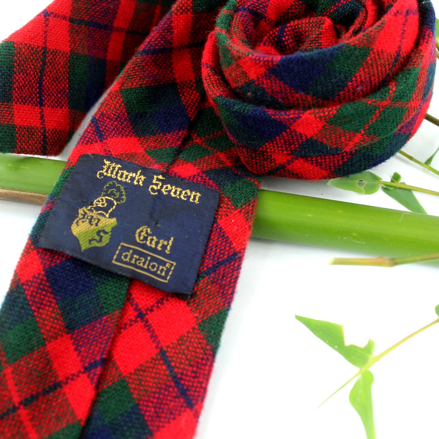 Mark Seven Dralon Skinny Necktie Red Navy Forest Green Plaid 52" X 2 1/4" 1950s 60s orig tag