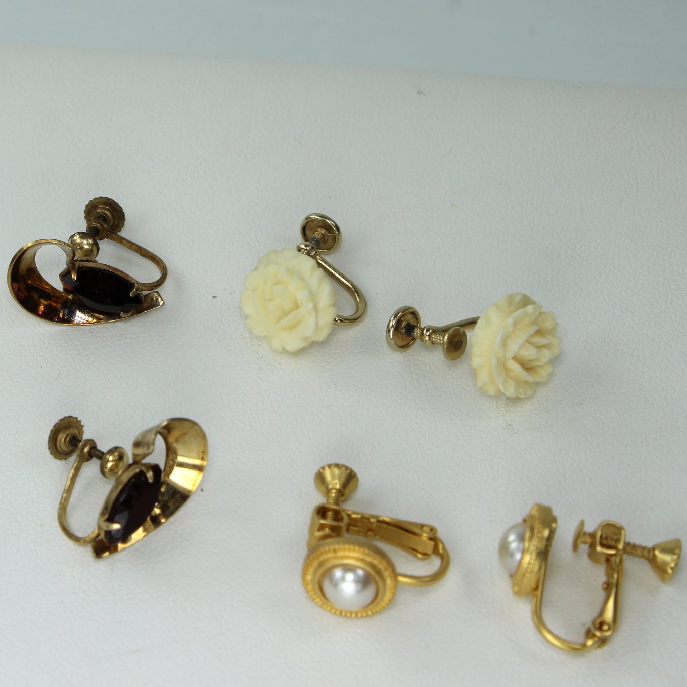 Collection 3 Pairs Earrings Screw Findings JMS 12K GF Napier Pearl CR Co 14K GF closeup views