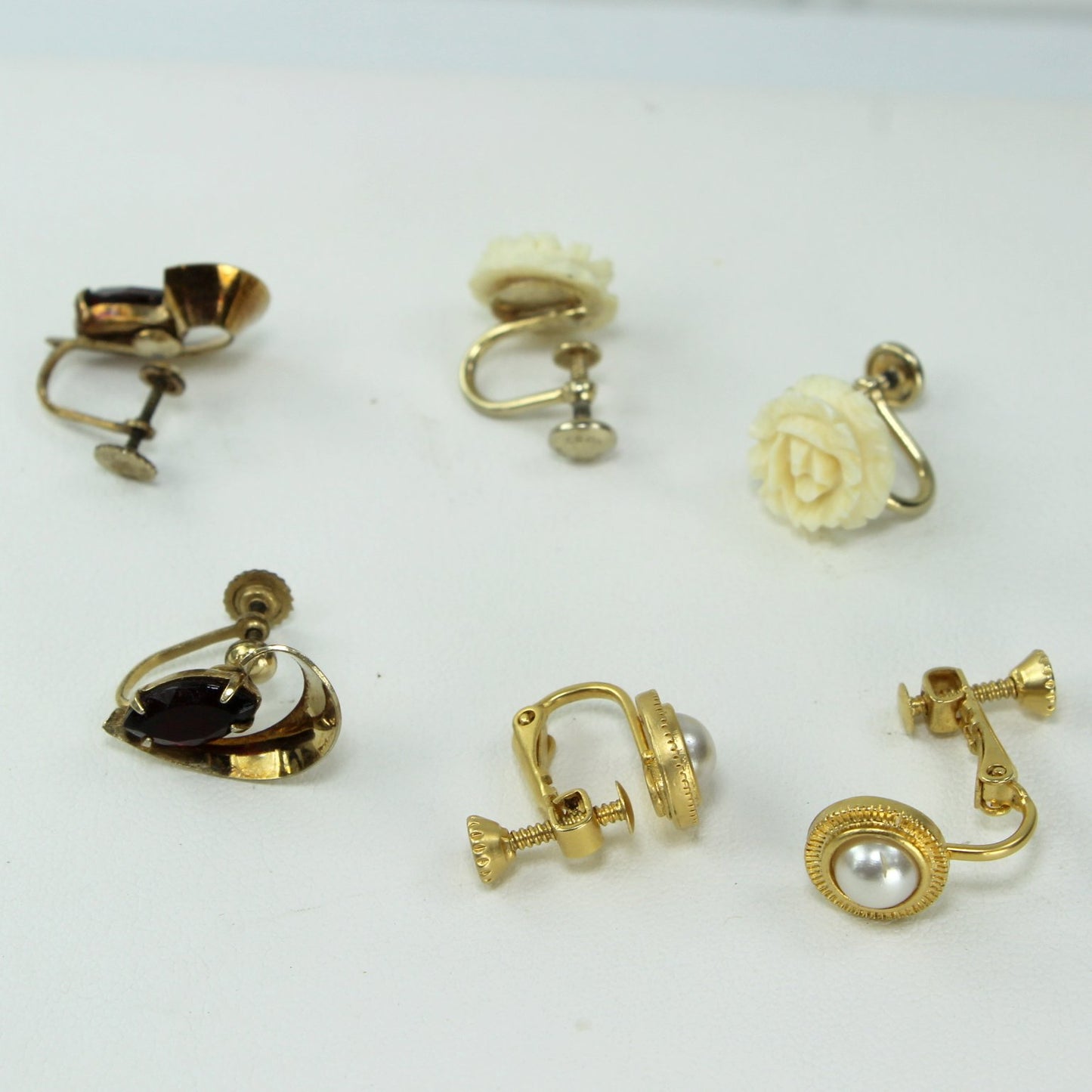 Collection 3 Pairs Earrings Screw Findings JMS 12K GF Napier Pearl CR Co 14K GF different views