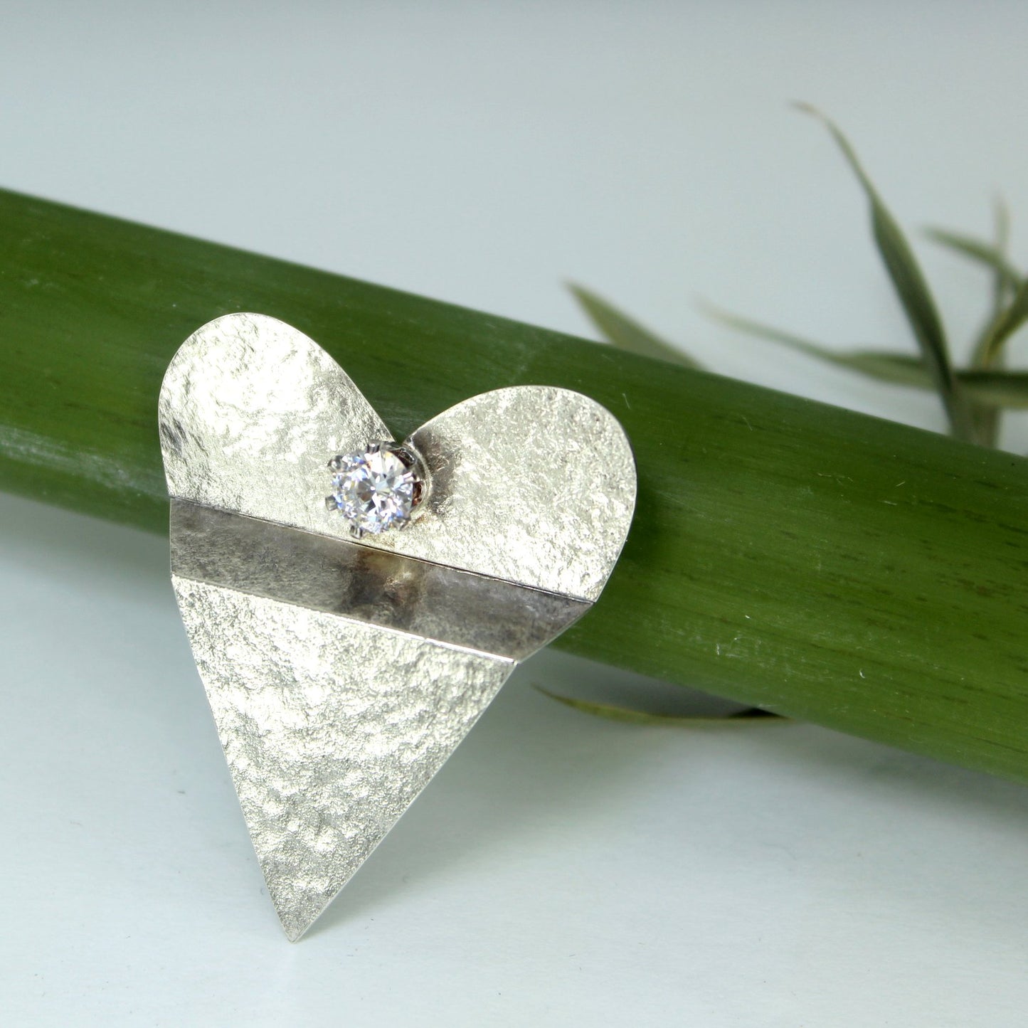 Hammered Silver Big CZ Heart Pin Artisan OOAK closeup