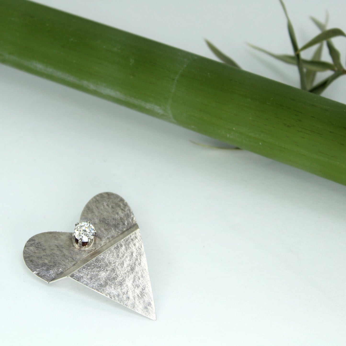 Hammered Silver Big CZ Heart Pin Artisan OOAK