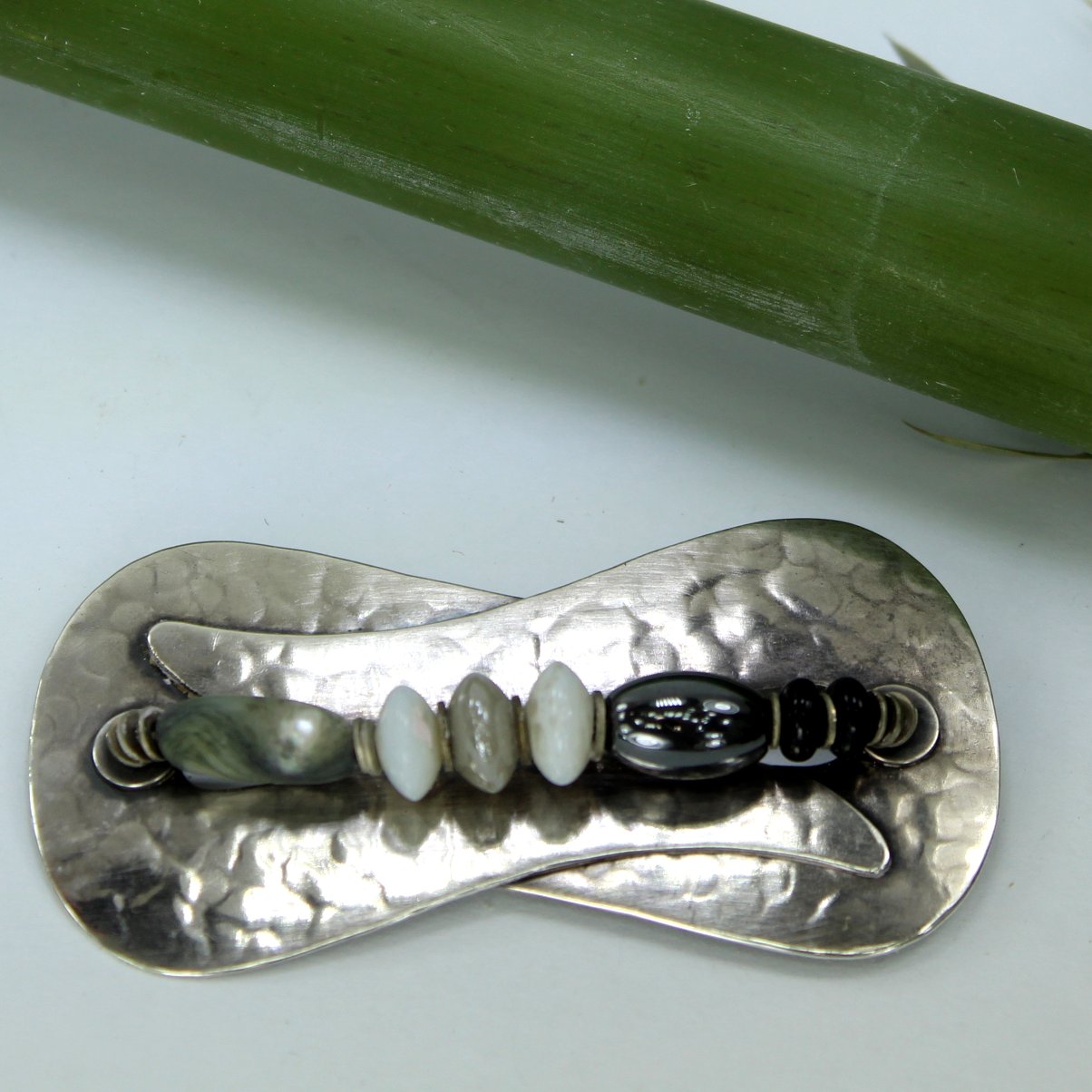 Marjorie Baer SF Vintage Hammered Silver Pin Wired Stones closeup of pin