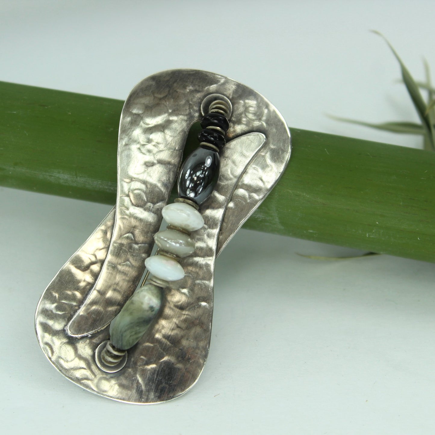 Marjorie Baer SF Vintage Hammered Silver Pin Wired Stones length look at pin