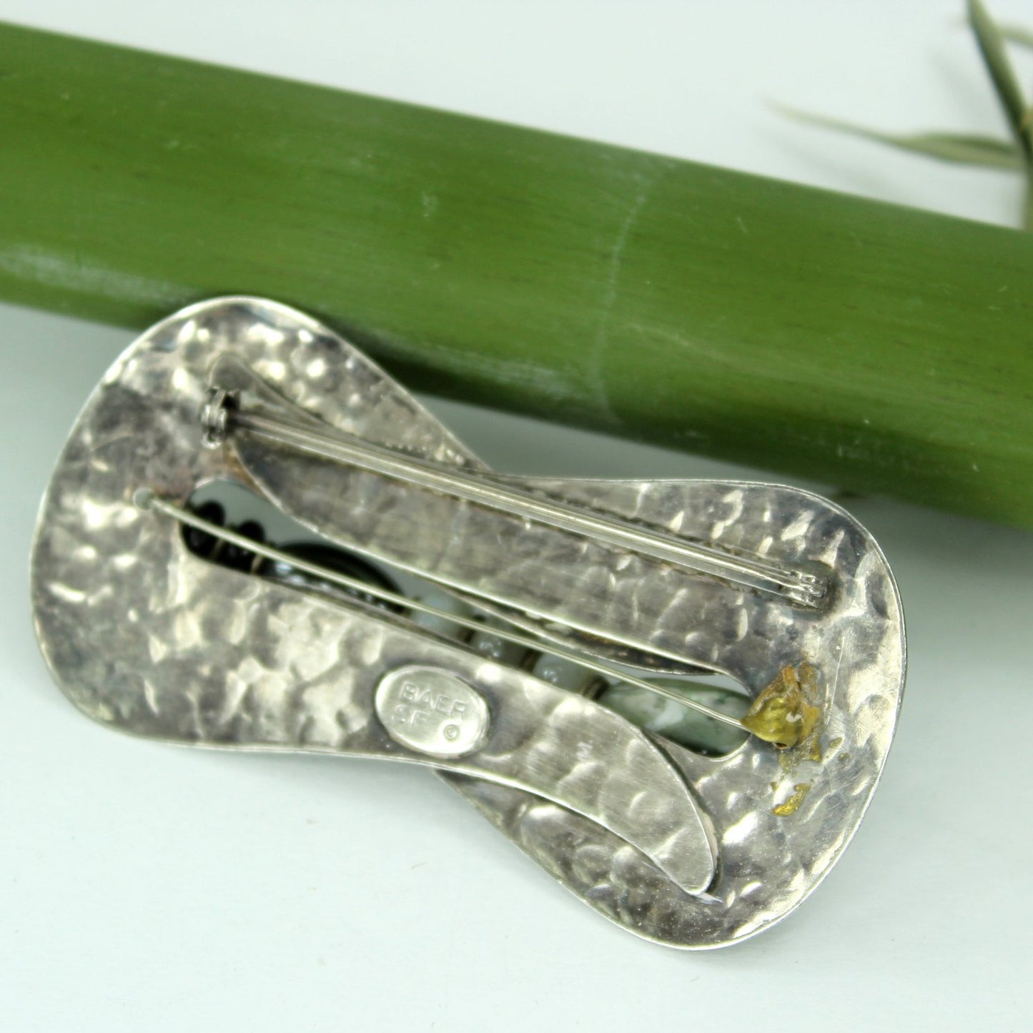 Marjorie Baer SF Vintage Hammered Silver Pin Wired Stones reverse of pin