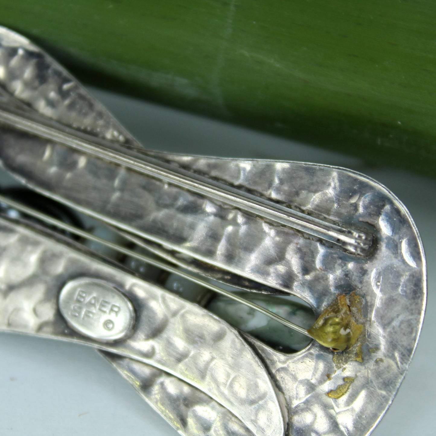 Marjorie Baer SF Vintage Hammered Silver Pin Wired Stones reverse signed and close of wire work