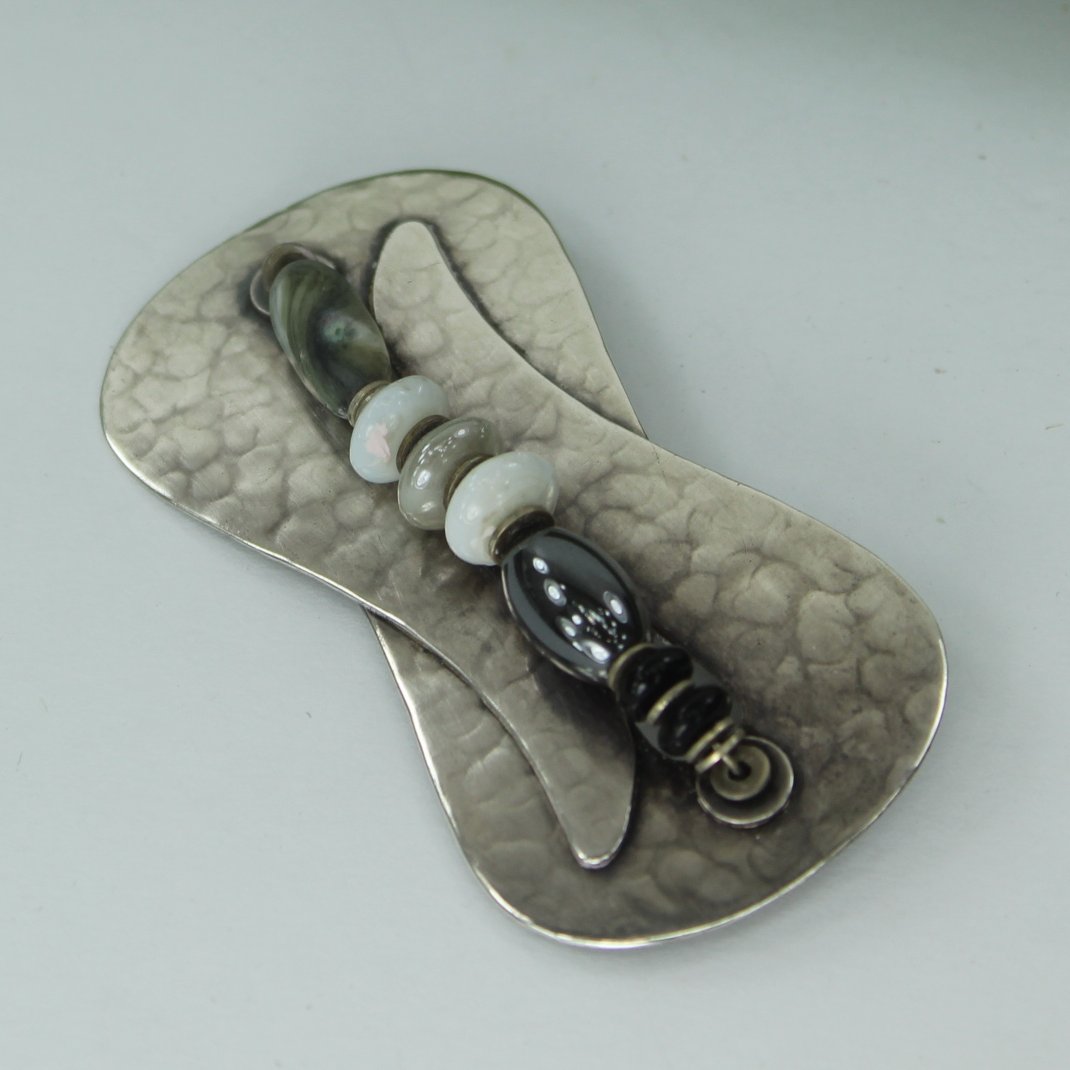 Marjorie Baer SF Vintage Hammered Silver Pin Wired Stones nice view of stones