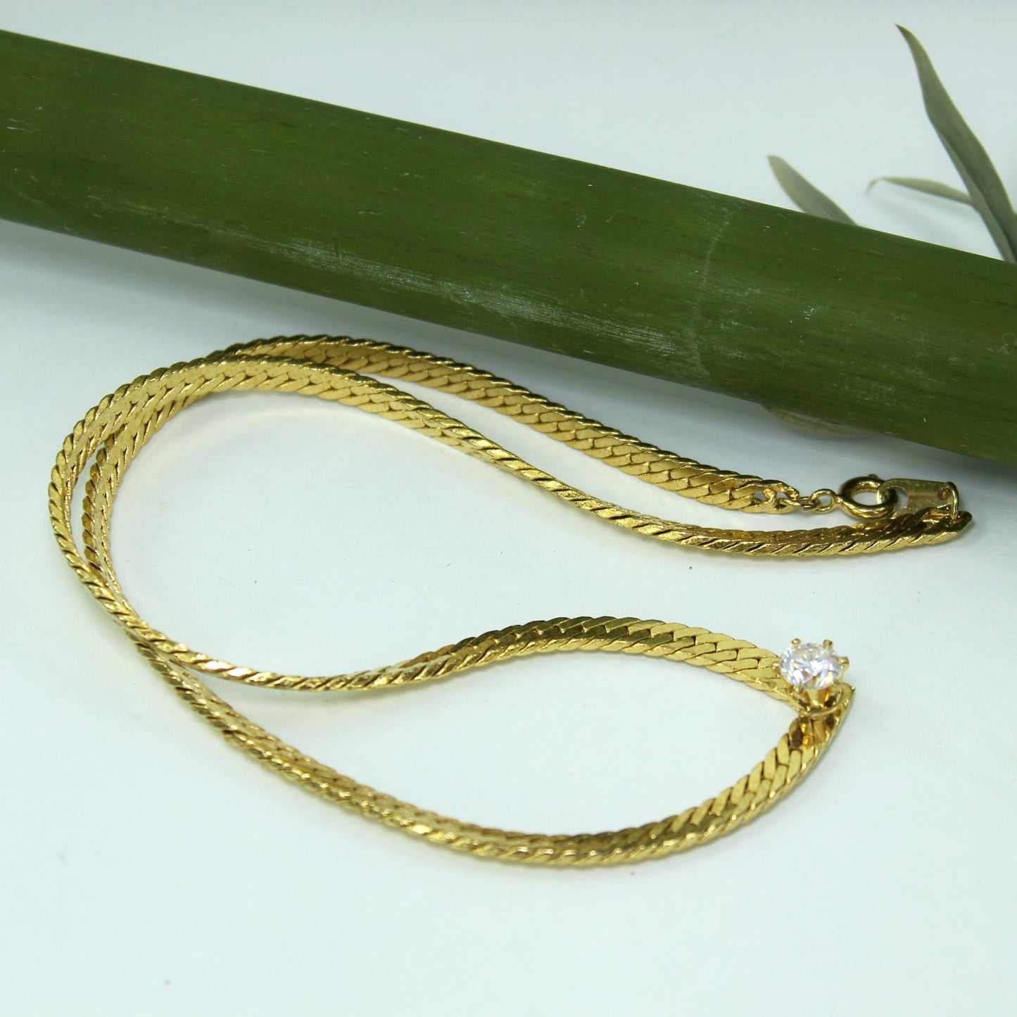 Herringbone Shaped Necklace Big Brilliant Solitaire CZ Focal Prong Set flat view