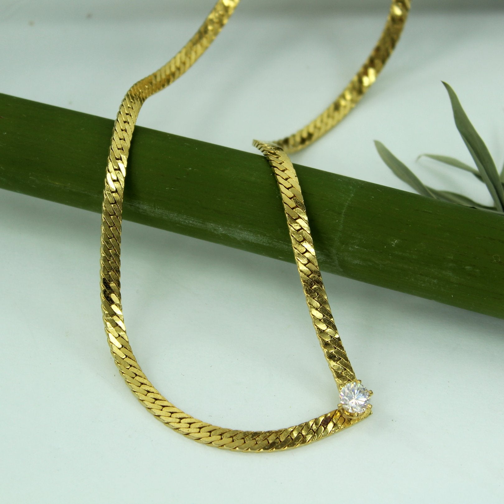 Herringbone Shaped Necklace Big Brilliant Solitaire CZ Focal Prong Set