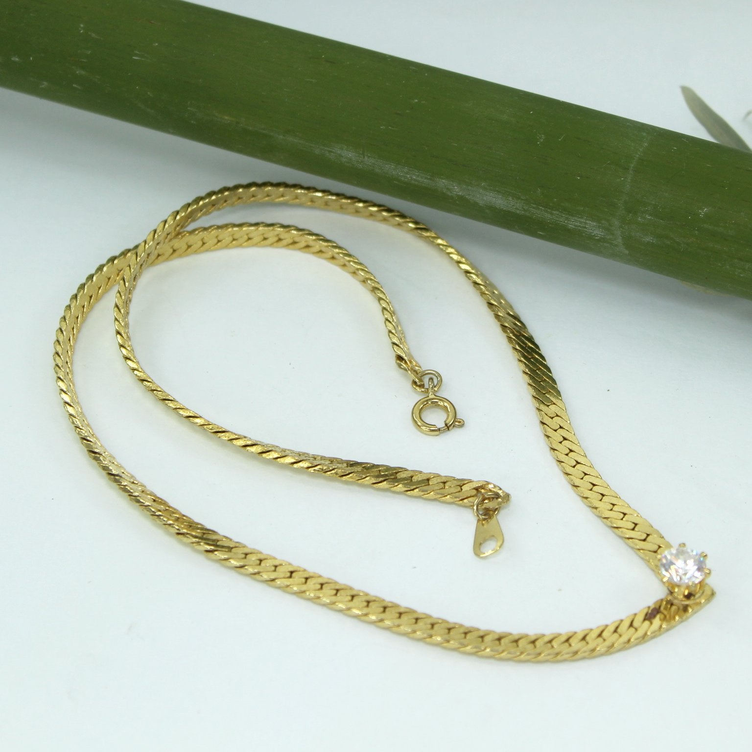 Herringbone Shaped Necklace Big Brilliant Solitaire CZ Focal Prong Set open closusre view