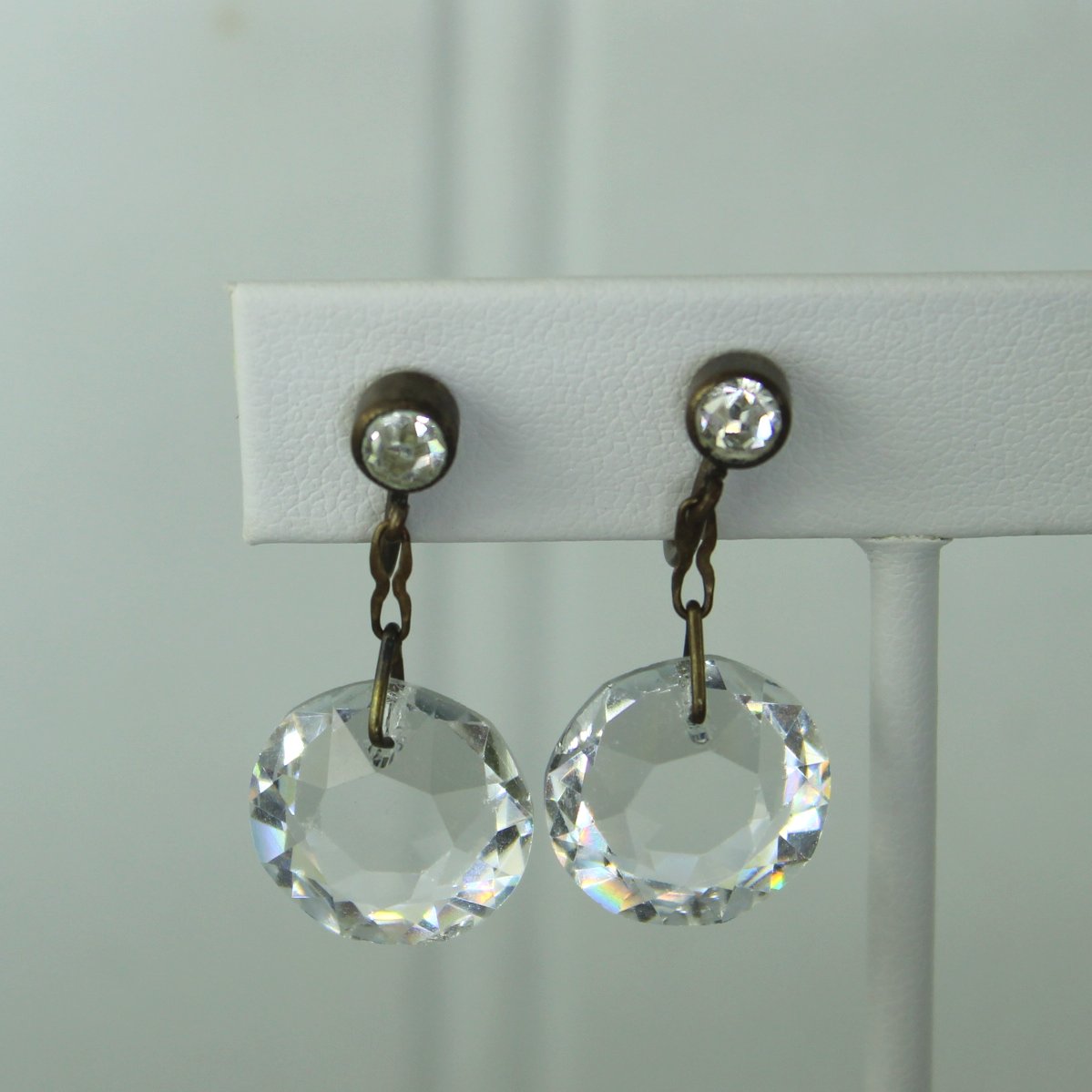 Vintage 1940s Screw Earrings Sparkling Crystals view on ear