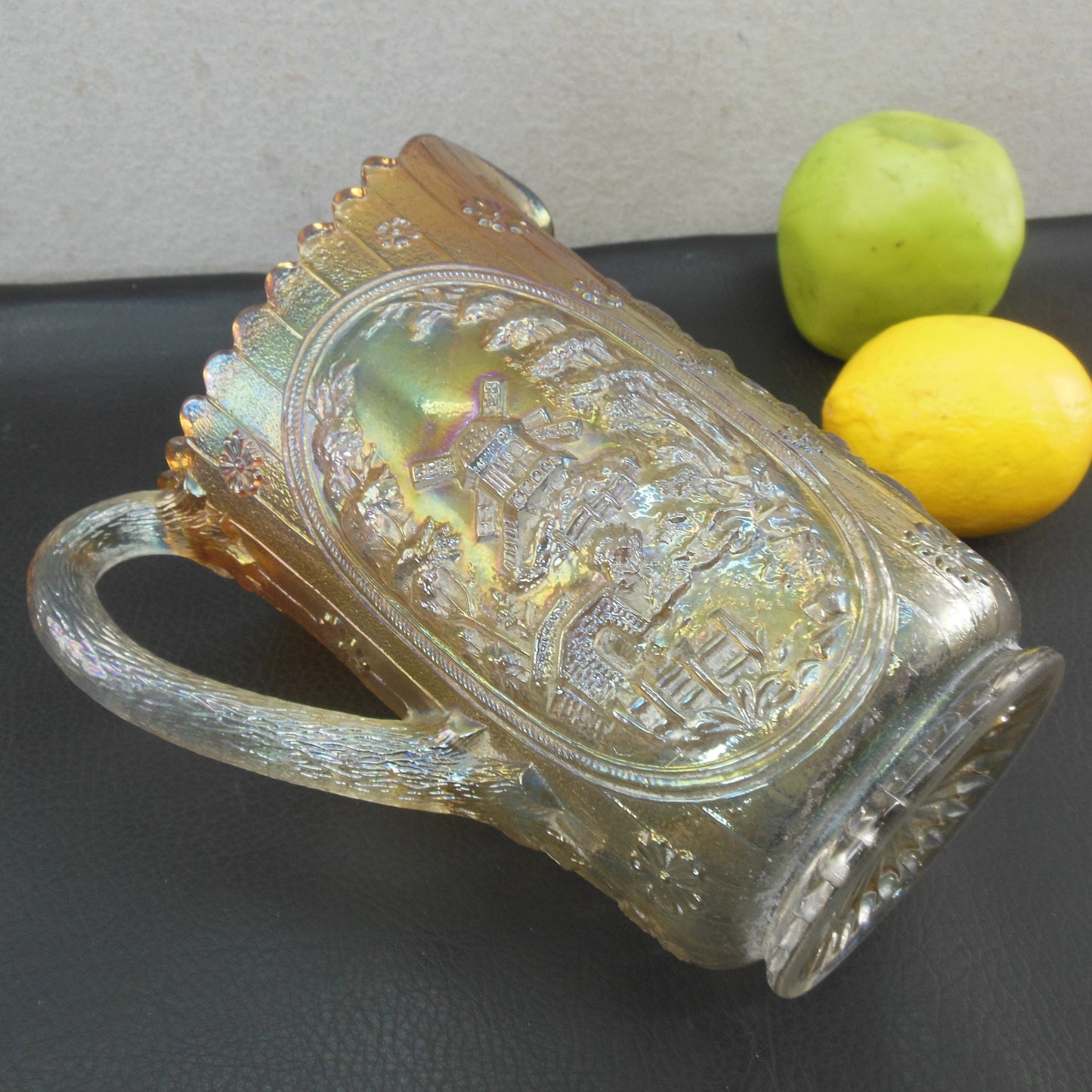 Imperial Marigold/Clear Windmill Carnival Glass Pitcher 8" Used