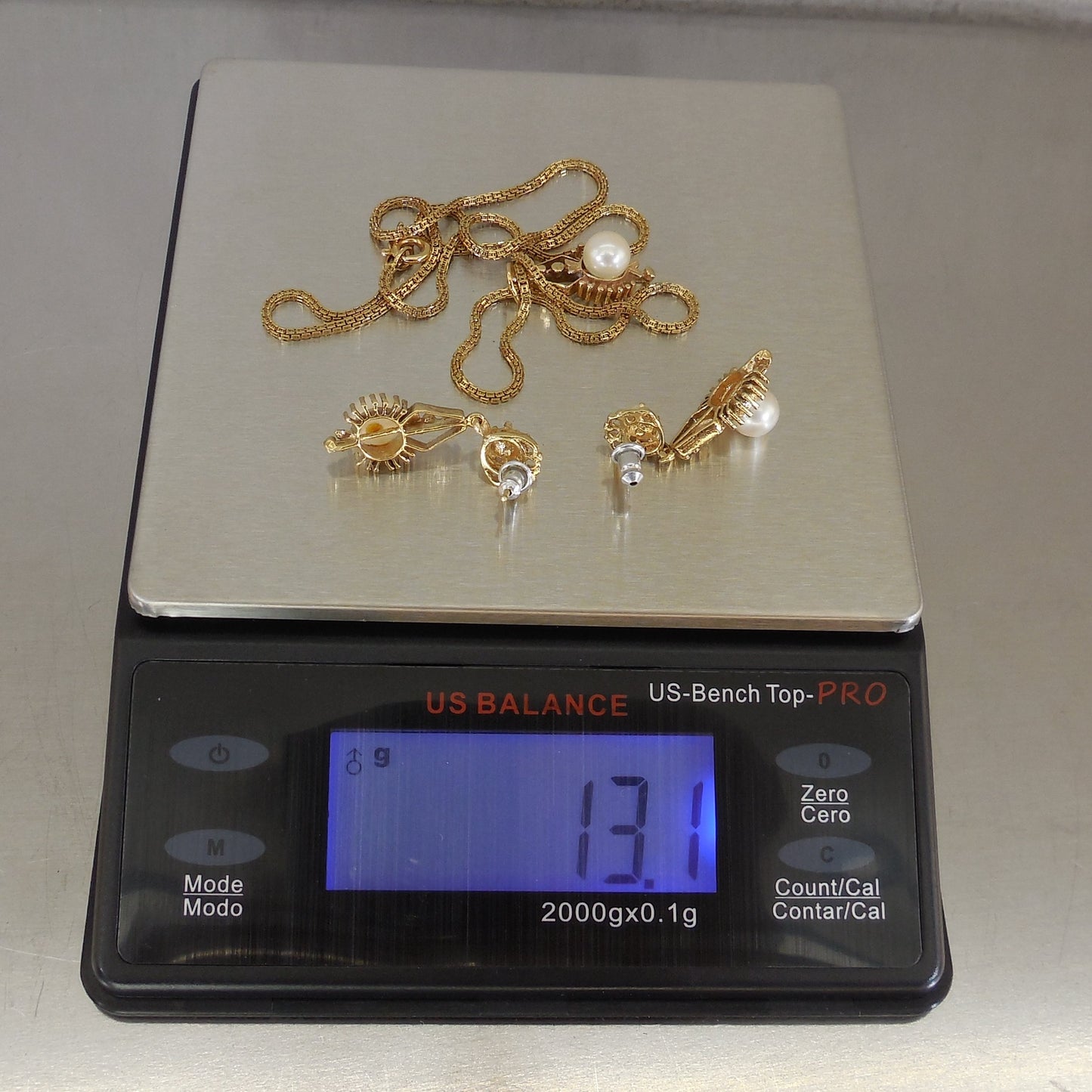 Oritalia Italy 14K Yellow Gold Pearl Pendant Necklace Earrings Set 13.1 Grams