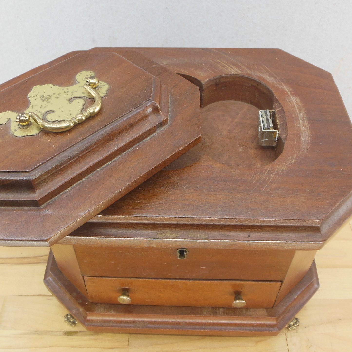 Custom Made Mahogany Jewelry Box Storage Chest Brass Feet Fittings Vintage