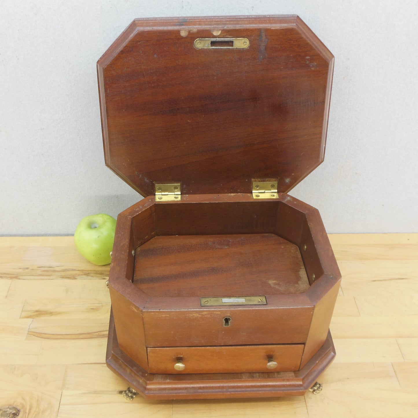 Custom Made Mahogany Jewelry Box Storage Chest Brass Feet Fittings Lid