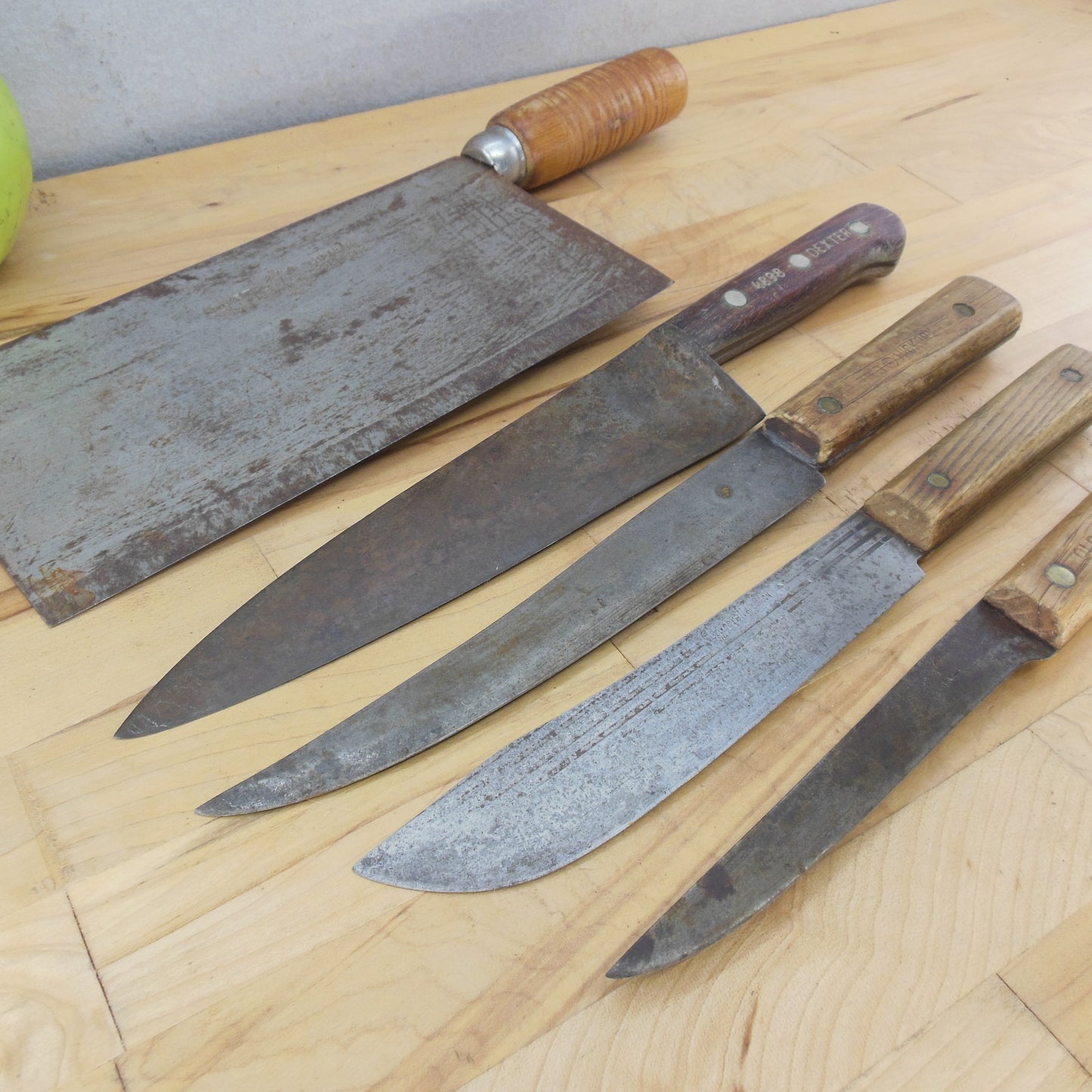 5 Lot Carbon Steel Wood Kitchen Knives Cleaver Dexter Old Hickory Foshan vintage