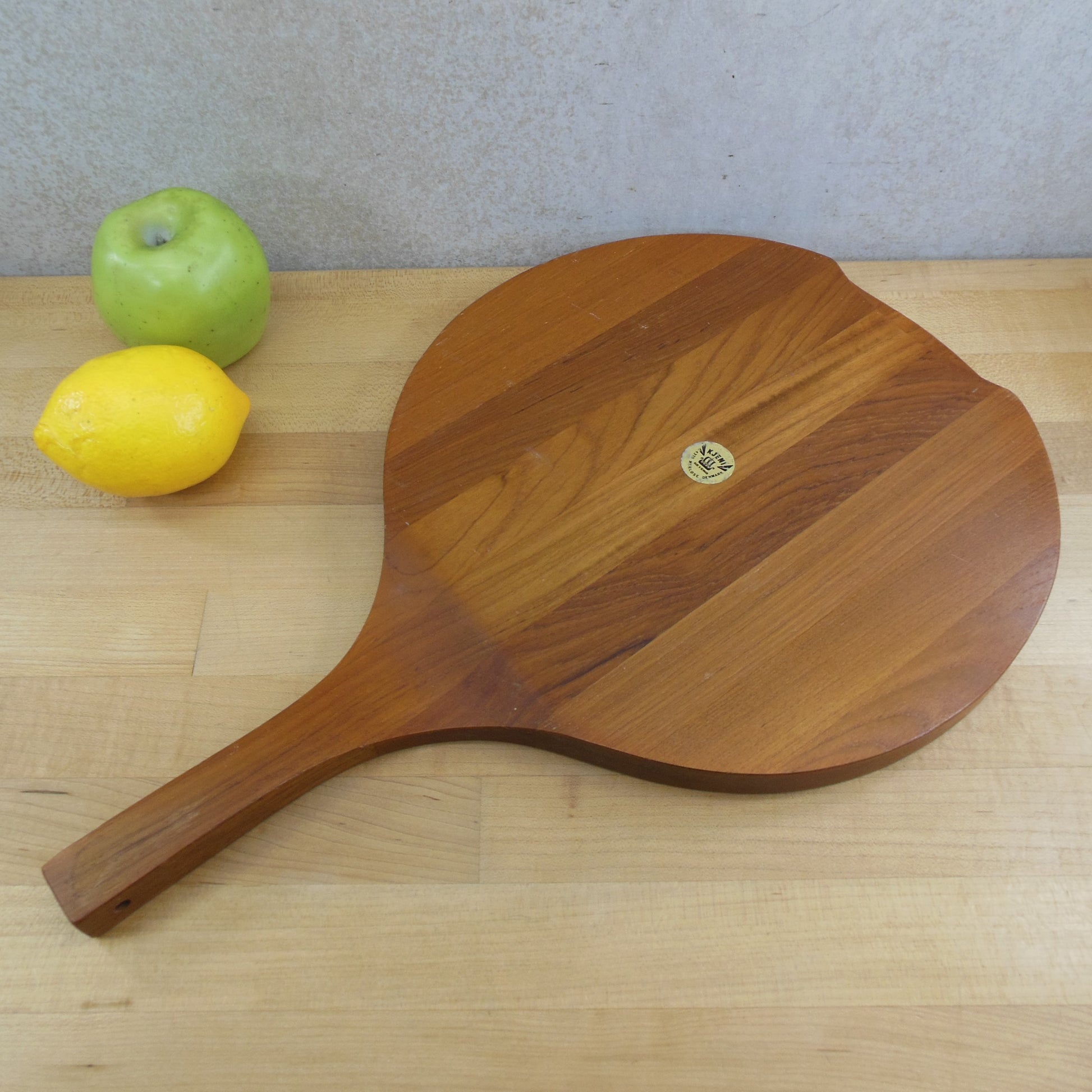 Kjeni Denmark Teak Wood Round Serving Tray Platter Handle Vintage Used