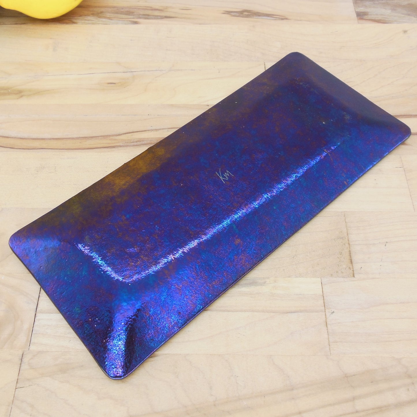 Kurt McVay KM Dichroic Art Glass Signed Tray Sushi Dish 9" Purple Blue Gold Bands